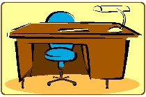 Das grafische Bild zeigt einen Arbeitsplatz mit Schreibtisch und Stuhl