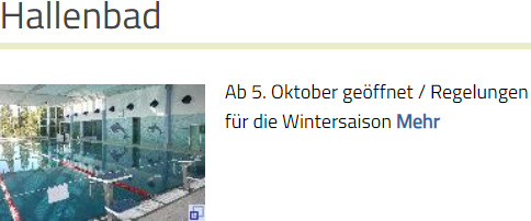 Titel Hallenbad mit Bild des Hallenbads (blaues Wasser im Becken), daneben Text mit der Aussagen "Ab 5. Oktober geöffnet"