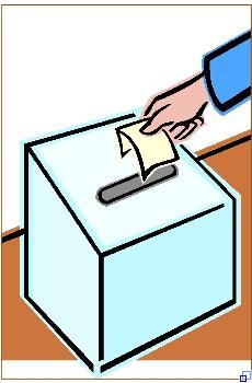 Das grafische Bild zeigt eine Wahlurne, in die ein Wahlumschlg eingeworfen wird