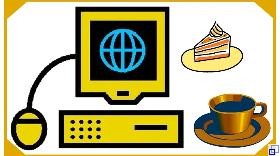 Das grafische Bild zeigt einen Computer, eine Kaffeetasse und ein Kuchenstück