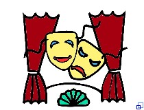 Das grafische Bild zeigt einen Theatervorhang und zwei Theatermasken