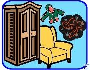 Das grafische Bild zeigt einen Schrank, einen Stuhl, Kleidung und Schuhe