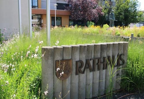 Steinstelen mit Rathaus-Aufschrift