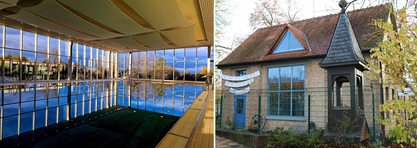 Bildercollage: Innenansicht Hallenbad und Gebäude Heimatmuseum