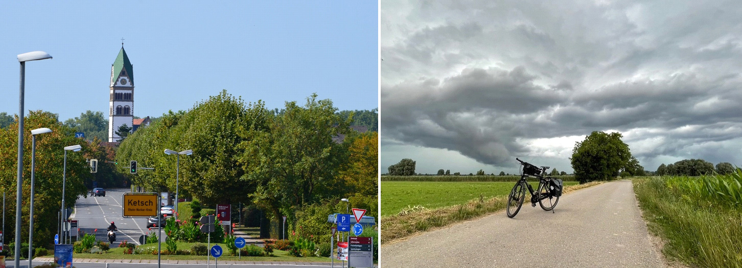 Bildercollage: Straßenansicht und abgestelltes Fahrrad auf einem Feldweg