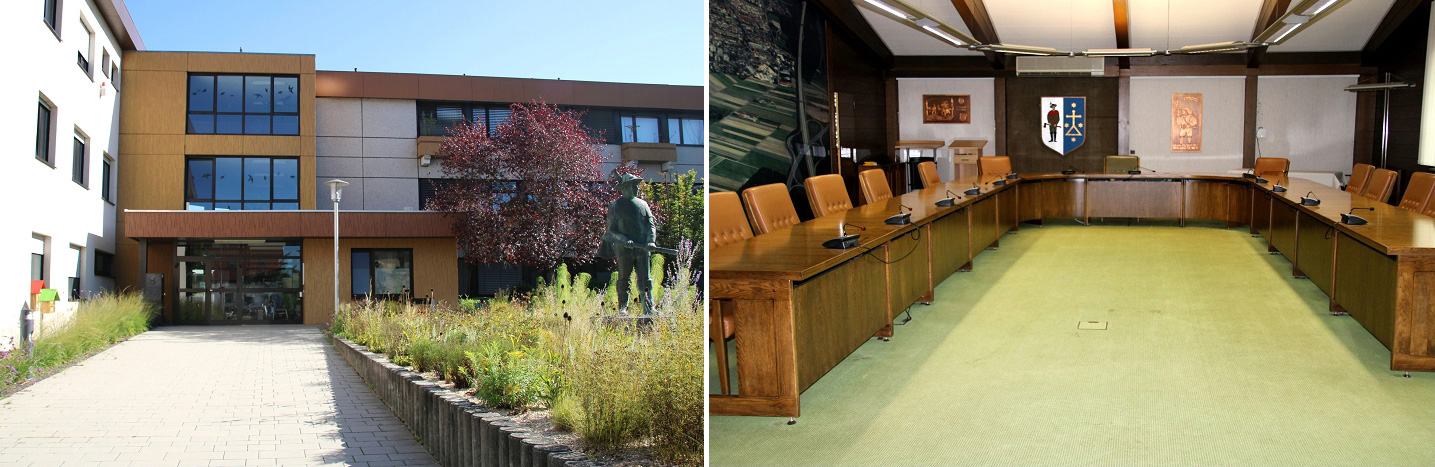 Bildercollage mit den Motiven Rathausgebäude und Sitzungssaal