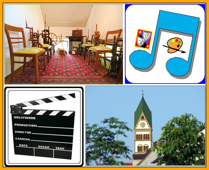 Bildercollage mit symbolischen Noten, Kirchturm, Filmklappe und Museumsraum