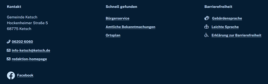 Footer mit den Bereichen Kontakt, Schnell gefunden und Barrierefreiheit