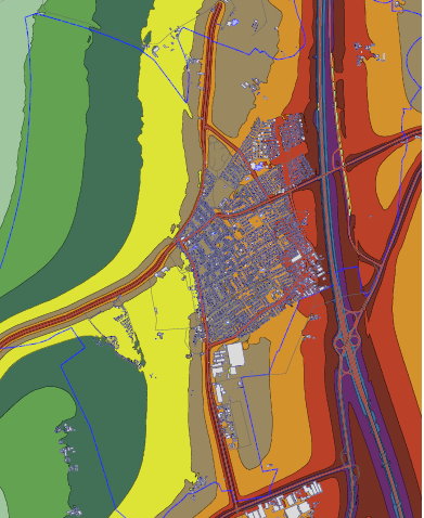 Das Bild zeigt die Lärmkartierung in Bezug auf den Straßenverkehrslärm in Ketsch